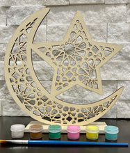 Load image into Gallery viewer, Laser Cut Wood Star & Moon in a Geometric Design