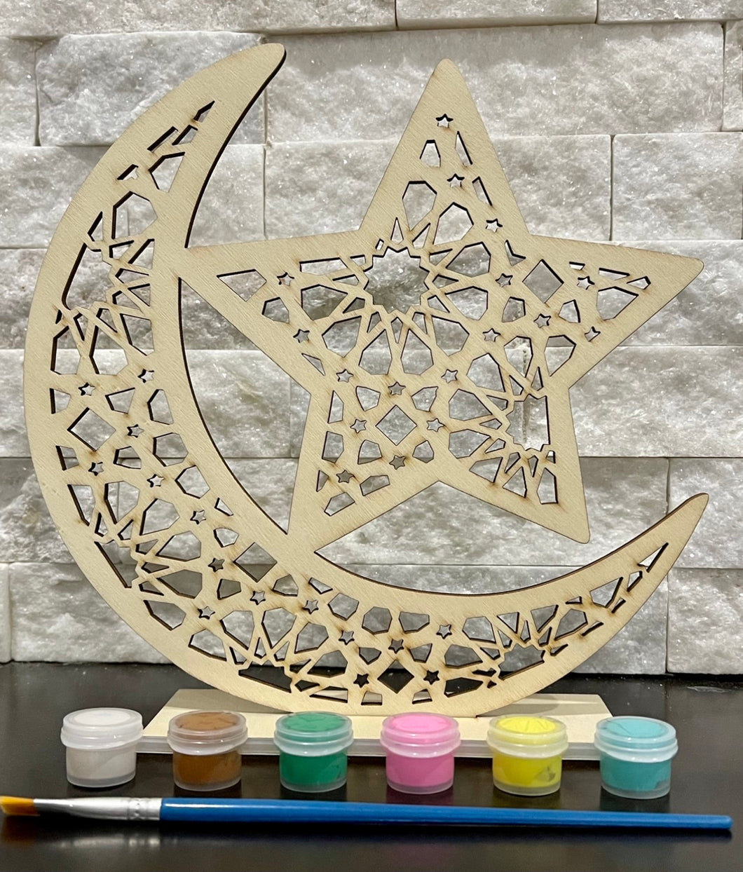 Laser Cut Wood Star & Moon in a Geometric Design